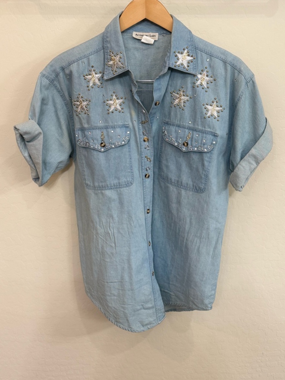 Vintage 90s Accessory Lady Embellished Denim Shirt - Western Star Rhinestone